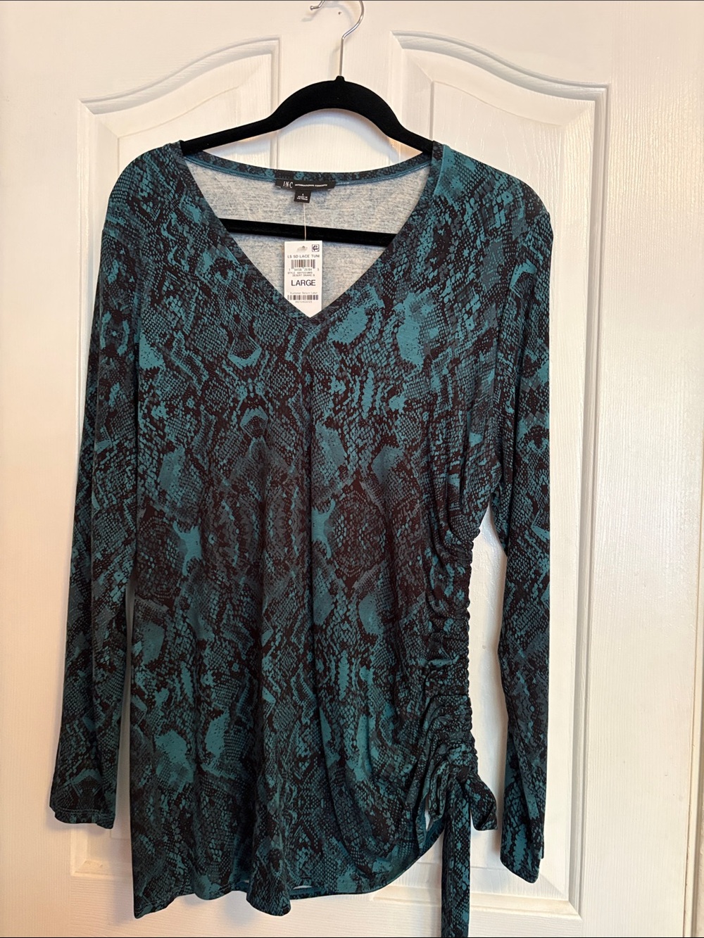 INC International Concepts Teal and Black Snake-Print V-Neck Tunic